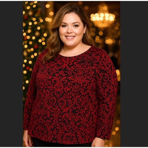 J. Jill Sweaters - J. Jill Jacquard Tunic Sweater 3X Red Black Damask Rhinestone Sparkle Holiday
